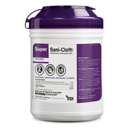 Wipes Surface Disinfectant Germicidal Super Sani-Cloth® Premoistened Germicidal Manual Pull Wipe 160 Count Canister Disposable Alcohol Scent NonSterile Large Purple (160/TB 12TB/CS) by PDI - Professional Disposables  ID Q55172